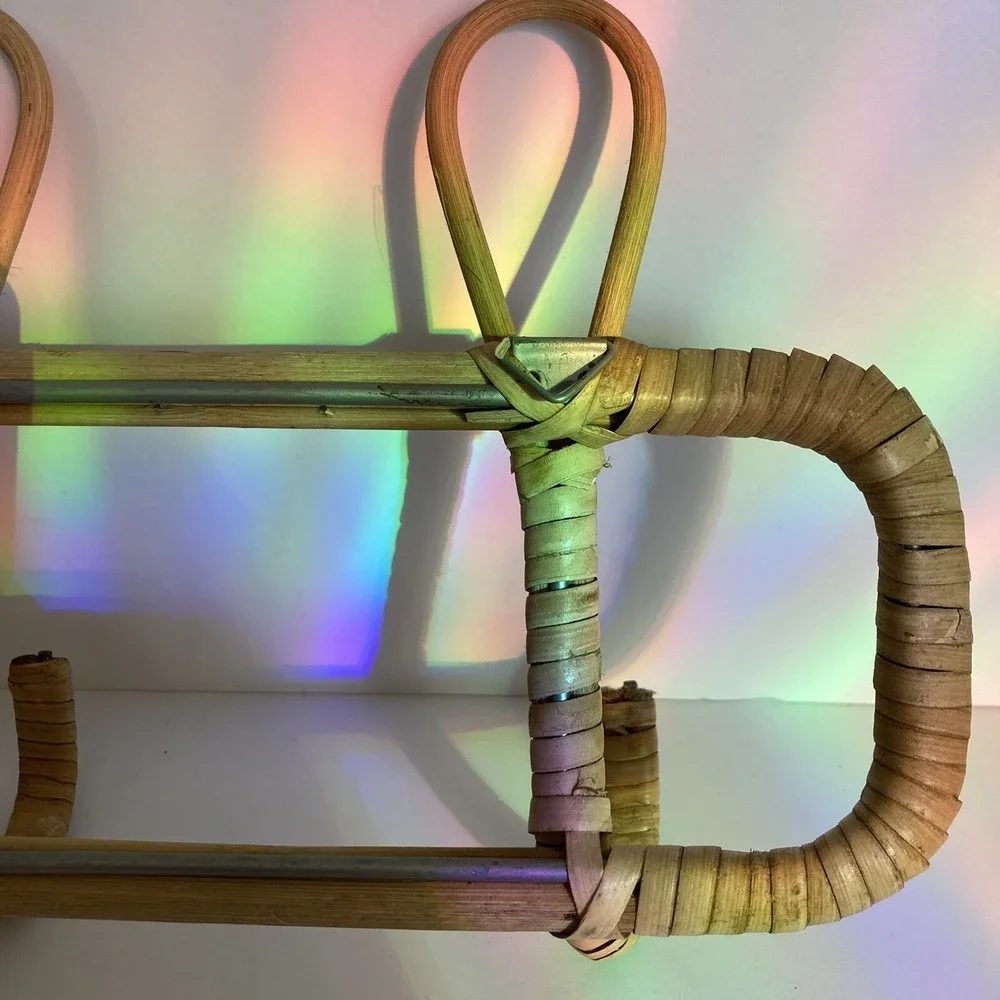 Vintage Rattan Bamboo 3 Hook Coat Rack Hanger Wall Mount 14.5